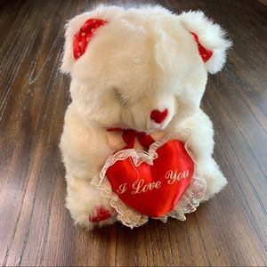 JS TOYS Plush Stuffed Animal White Bear Valentines Day holding heart I love you.